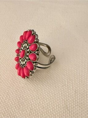 Bold Pink Floral Cluster Ring - Adjustable Silver-Tone Band